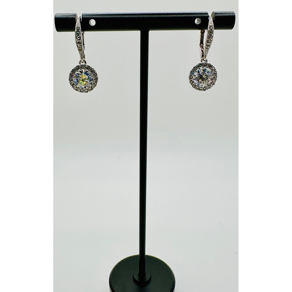 Nadri Round Cubic Zirconia Halo Leverback Drop Earrings Silver Tone with NWB - Picture 3 of 9